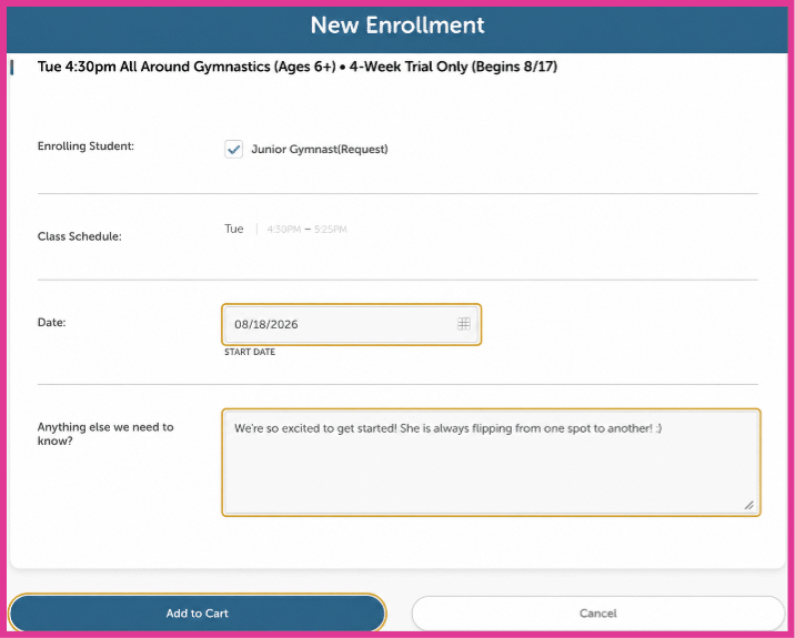 Choose the start date, add an optional note, and select Add to Cart